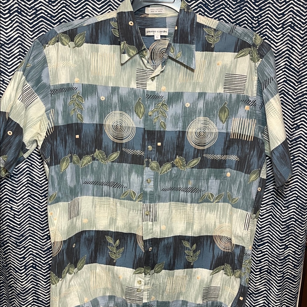 Vintage Pierre Cardin Blue and Green Patterned Shirt 100% Cotton